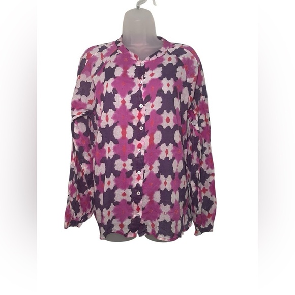 Banjanan People Floral Blouse Size Large 100% Cotton Long Sleeve Purple Pink Top - Picture 2 of 7